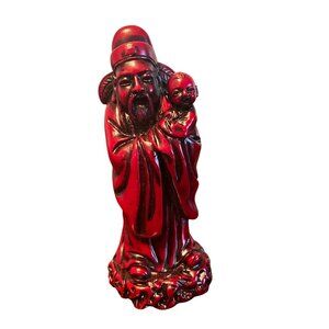 Asian-Inspired Red Resin Figurine Elder Holding Child Detailed Decorative Statue